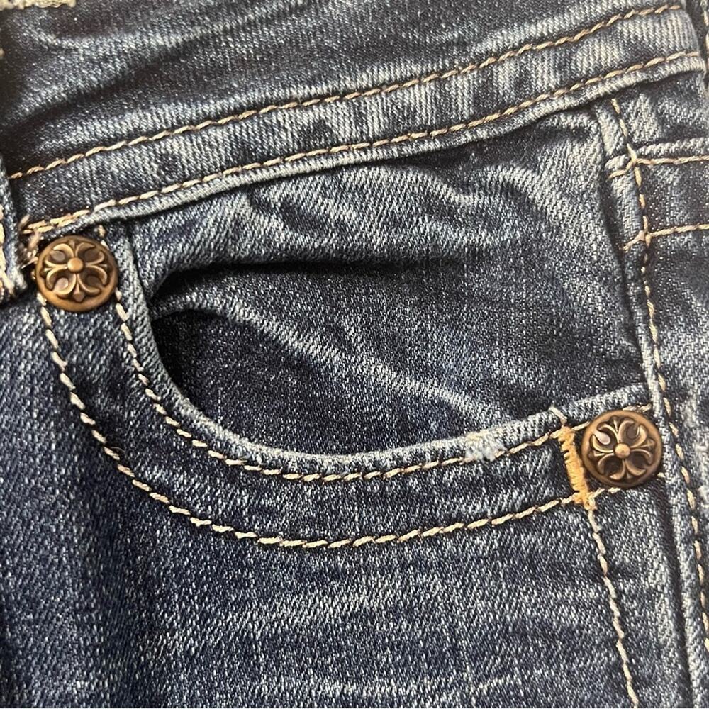 Miss Me Skinny Raw Hem Embroidered Bling Pocket Denim Y2k Moto Jeans Size 27 - Picture 9 of 15